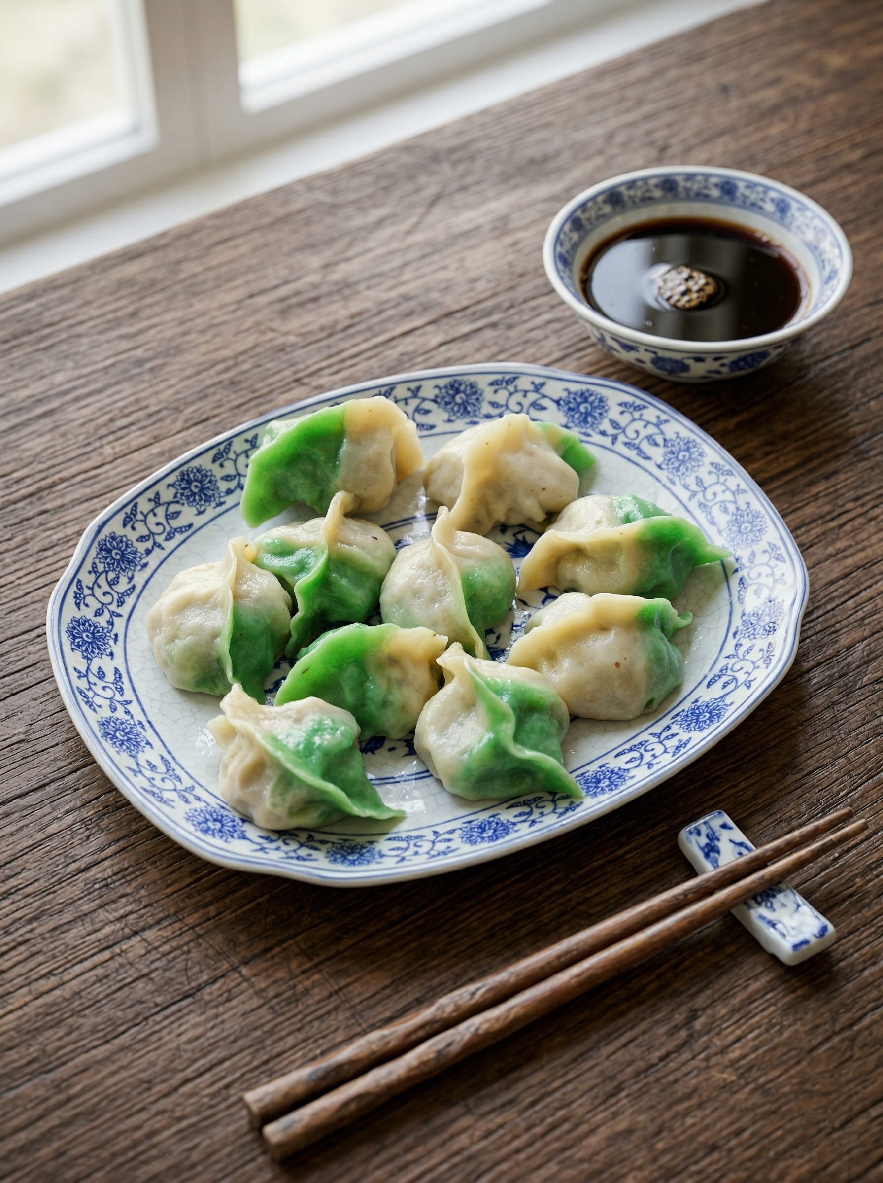 A plate of green and white dumplings next to a bowl of dipping sauce and wooden chopsticks on a wooden table.