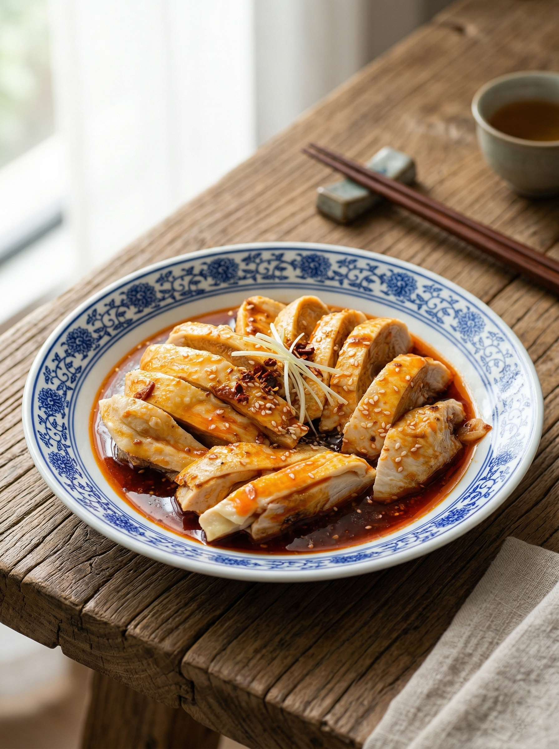Sliced poached chicken in a savory red sauce, garnished with ginger, served in a blue and white patterned bowl.