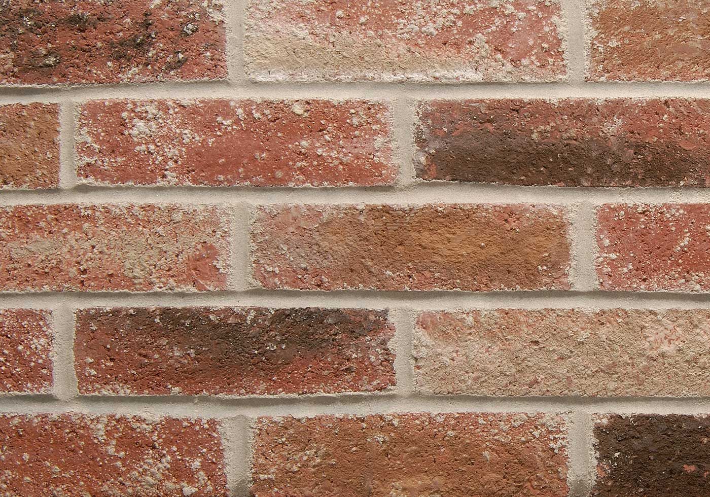 Red and brown brick wall with light-colored mortar.