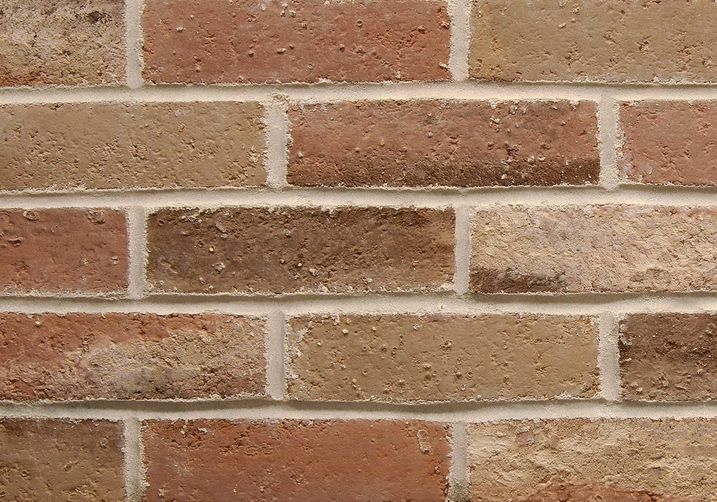 Close-up of a brick wall with varying shades of red, brown, and tan bricks, separated by white mortar.