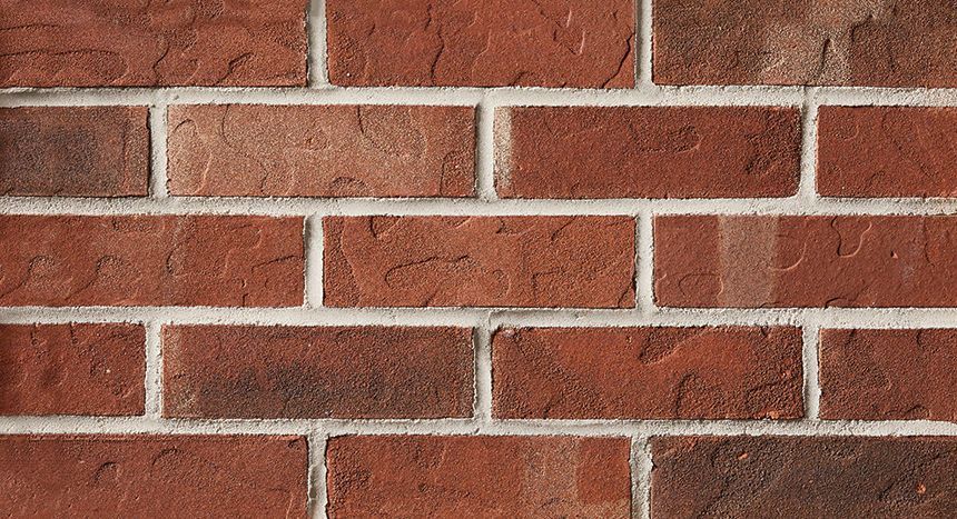 Close-up of a brick wall with red and brown bricks and white mortar.