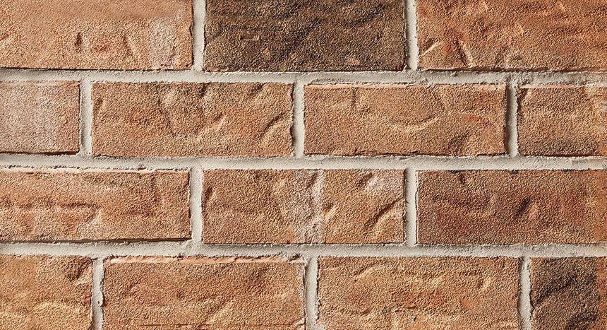 Close-up of a brick wall. The bricks are reddish-brown with light grout.