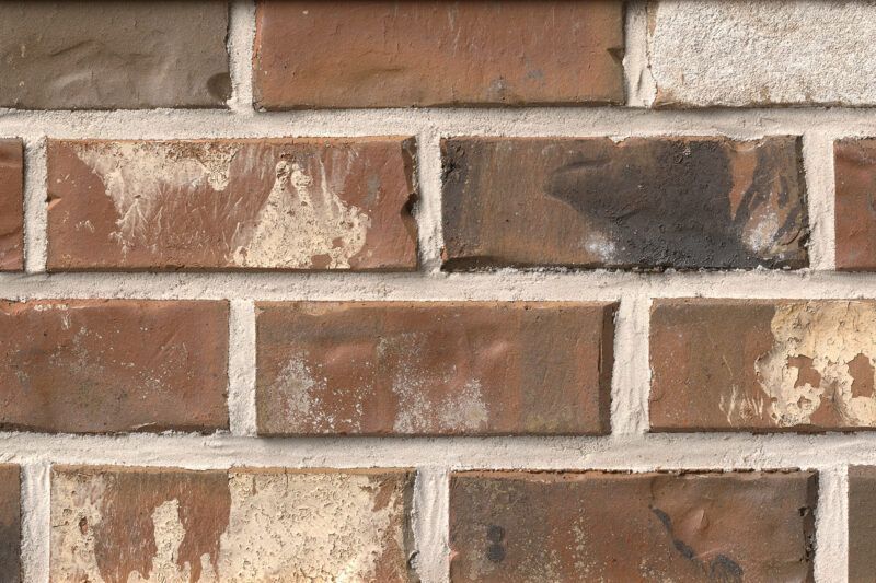 Close-up of a brick wall with varying shades of red, brown, and gray, with white mortar.