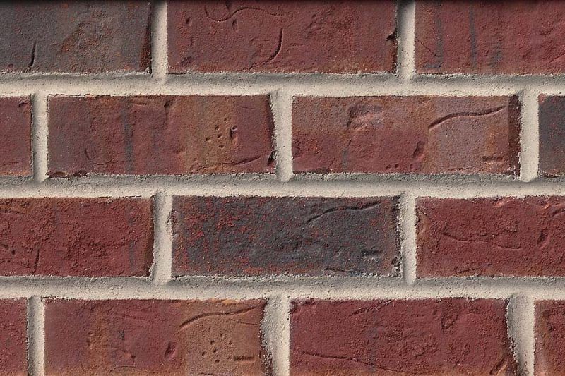 Close-up of a brick wall with red and dark brown bricks, and white mortar.