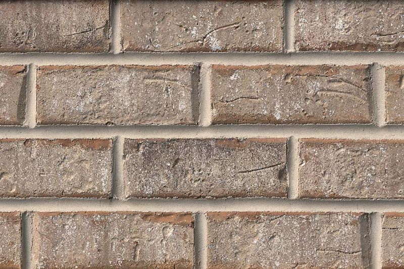 Close-up of a brick wall. Bricks are tan, with dark shading. Mortar is light gray.