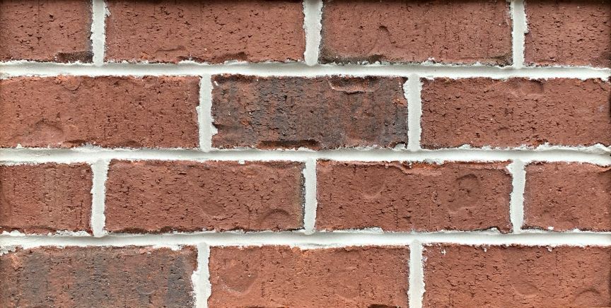 Close-up of a brick wall with red and dark brown bricks, white mortar, and a rough texture.