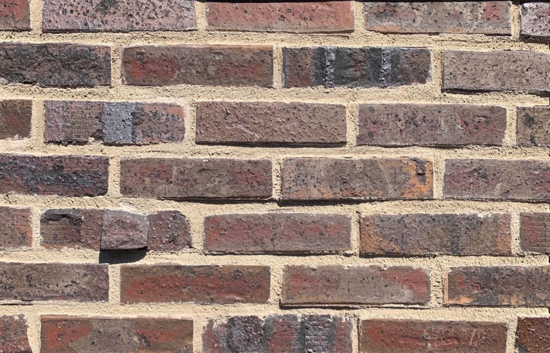 Brick wall with red and gray bricks and tan mortar.