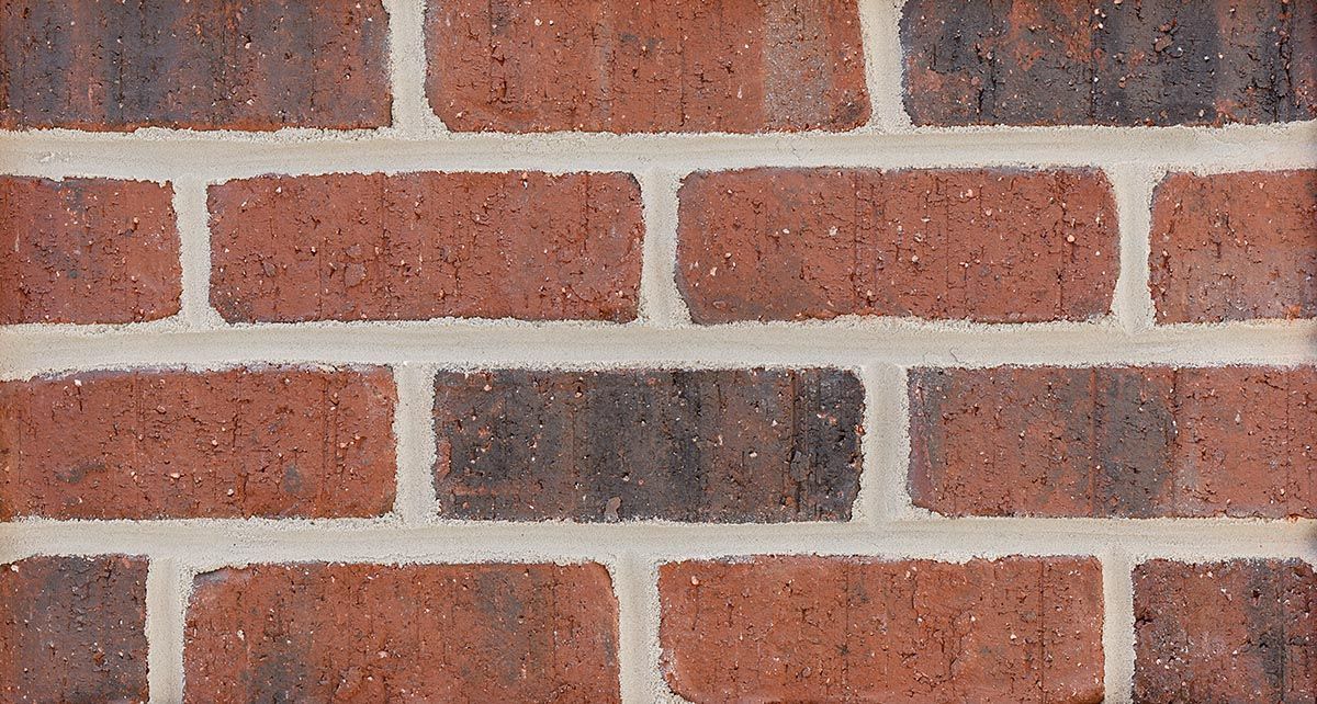 Red and dark brick wall with light gray mortar.