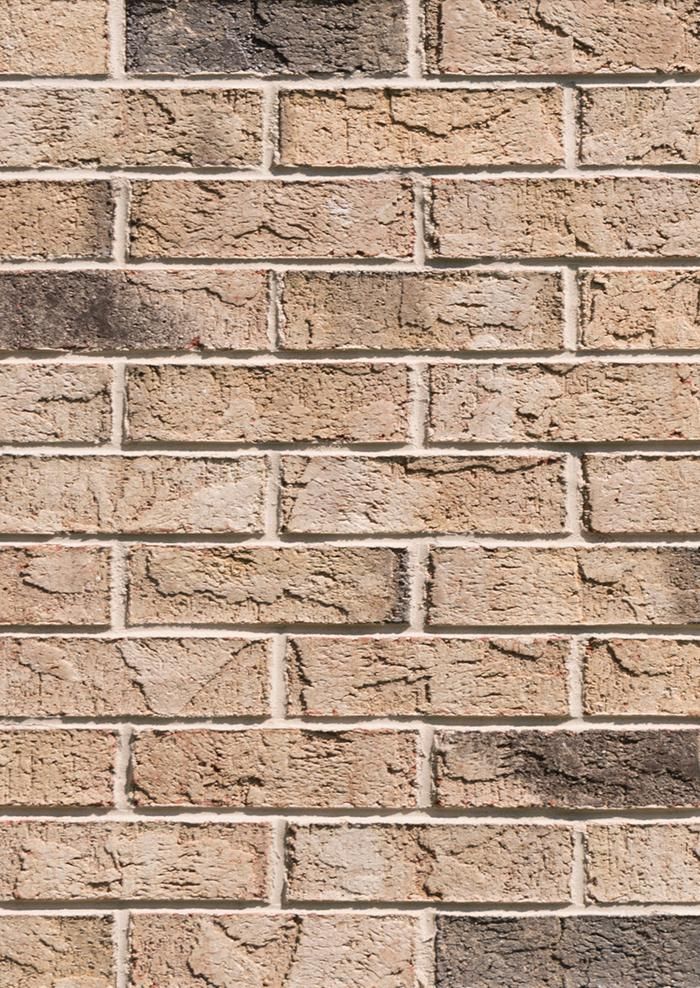 Brick wall with tan, brown, and gray bricks, with white mortar.