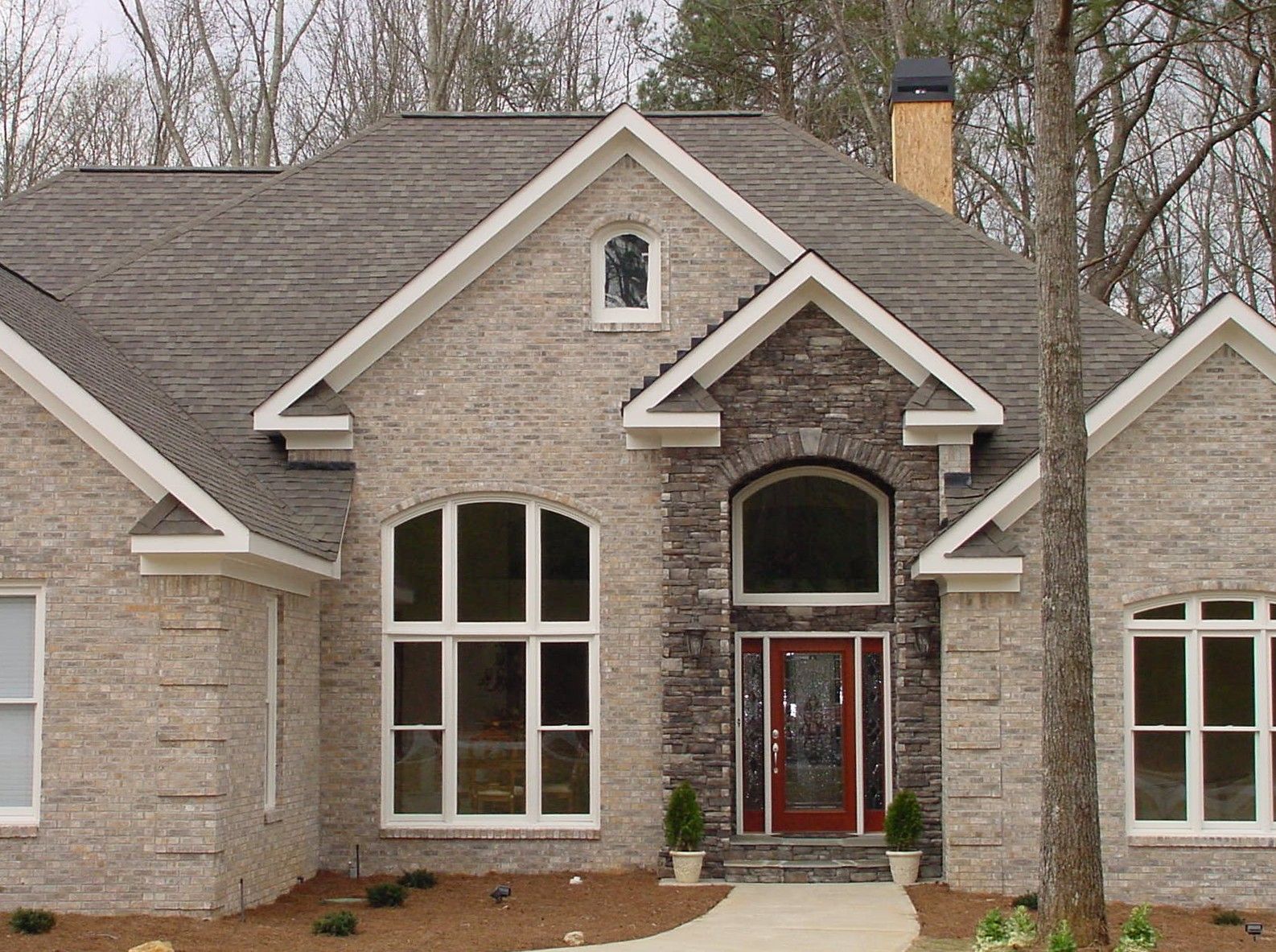 Tan brick house with a dark stone entry, arched windows and red front door.