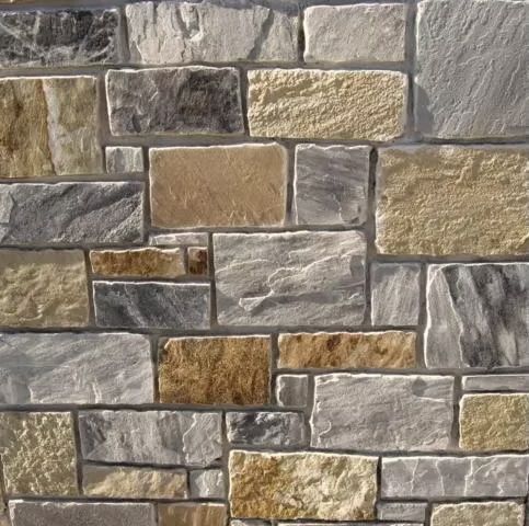 Stone wall with a mix of gray, tan, and brown rectangular blocks.
