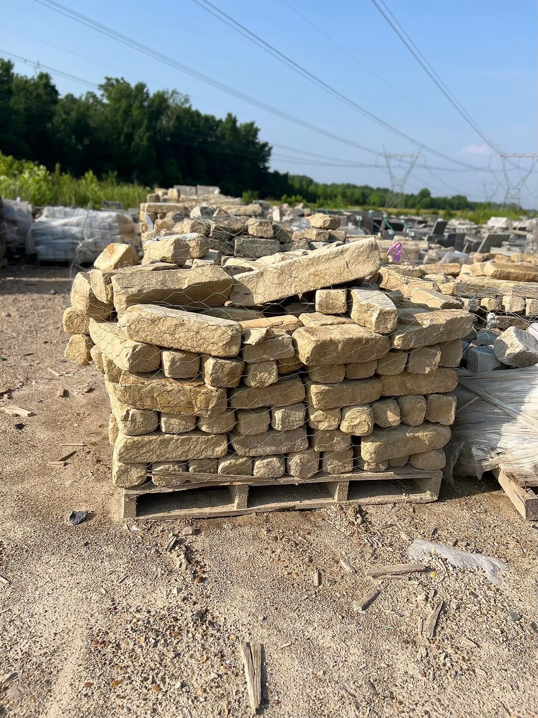 Stacked, beige stone blocks on a wooden pallet; outdoors, trees in background, power lines overhead.