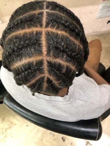The back of a person 's head with braids.