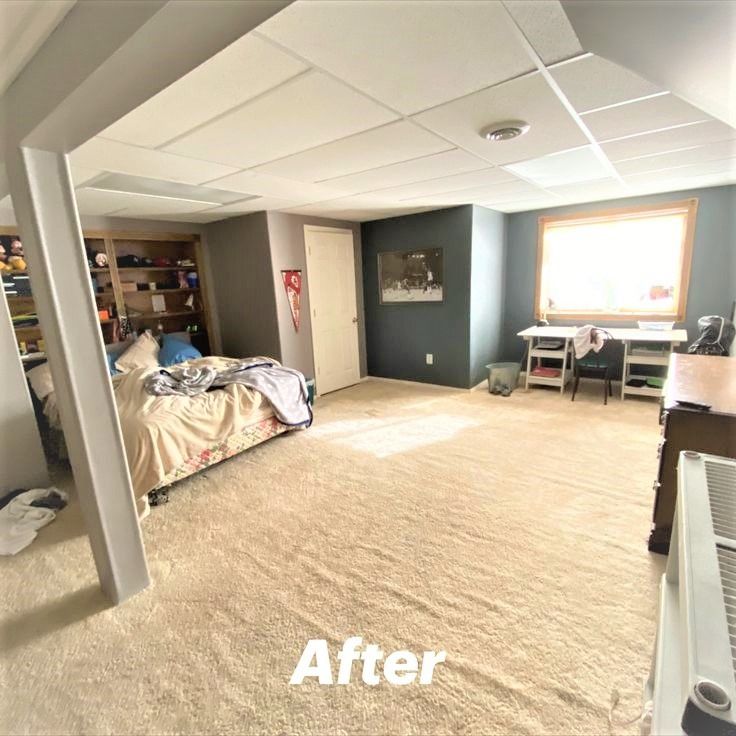 A bedroom with a bed and a desk and the words after on the bottom