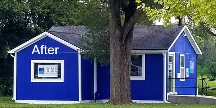 A blue house with the word after on it