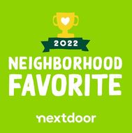 A green background with the words `` neighborhood favorite '' and a trophy with a heart on it.