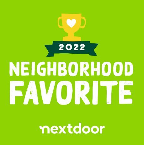A green background with the words `` neighborhood favorite '' and a trophy with a heart on it.