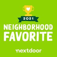 A green background with the words `` neighborhood favorite '' and a trophy with a heart on it.