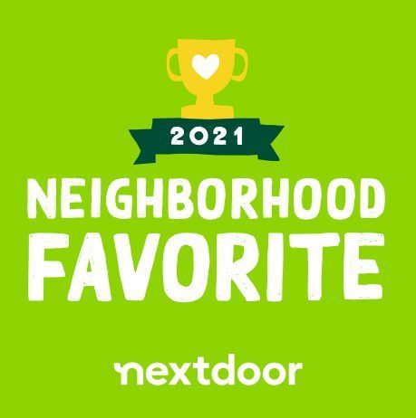 A green background with the words `` neighborhood favorite '' and a trophy with a heart on it.