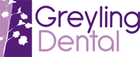 The logo for greyling dental is purple and white with flowers.