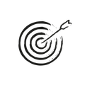 A black and white drawing of a target with an arrow in the center.
