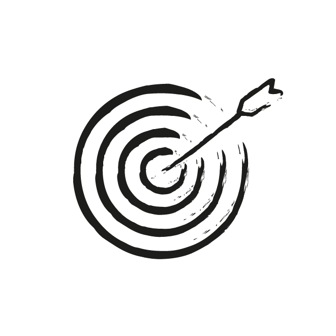 A black and white drawing of a target with an arrow in the center.