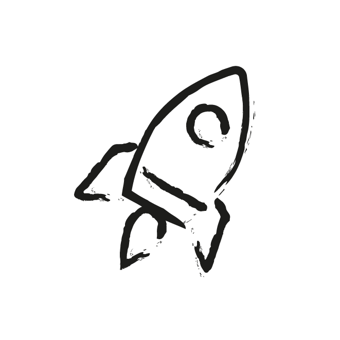 A black and white drawing of a rocket flying through the air.
