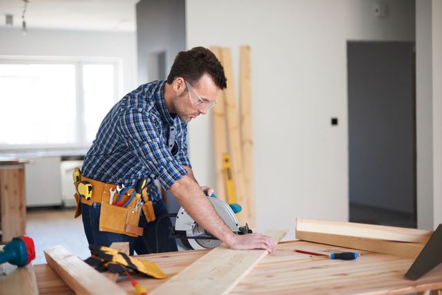 Man in safety glasses using a circular saw on wood. He's in a room, with a tool belt.