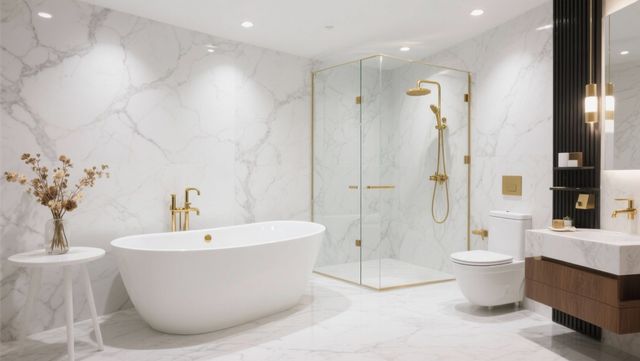Luxurious white marble bathroom with gold fixtures, a freestanding tub, and a glass shower.