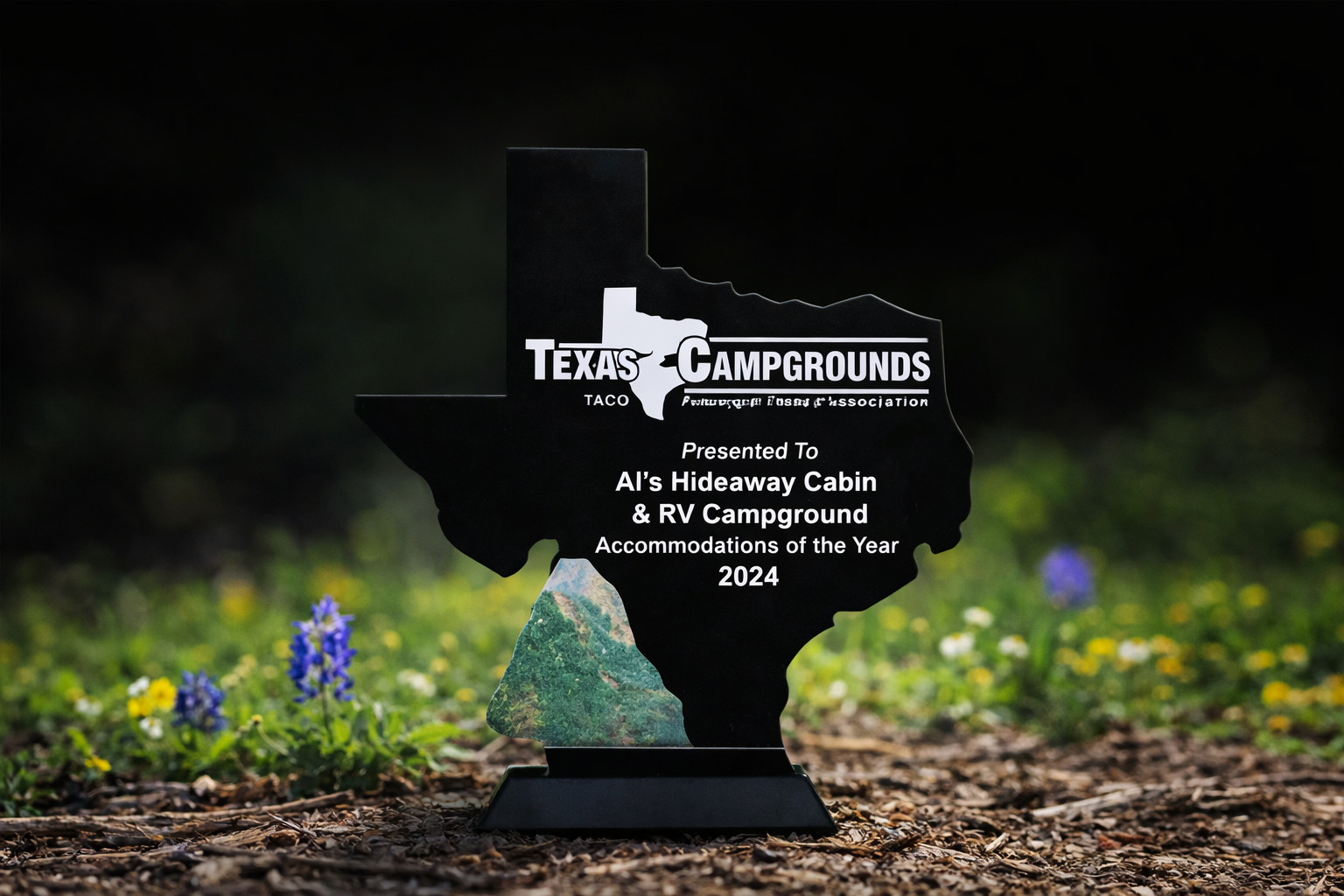 Texas Campgrounds award plaque on ground with purple flowers and green bokeh background