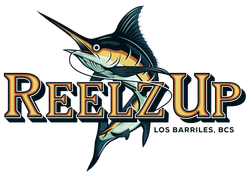 A logo for reelz up los barriles bcs with a marlin