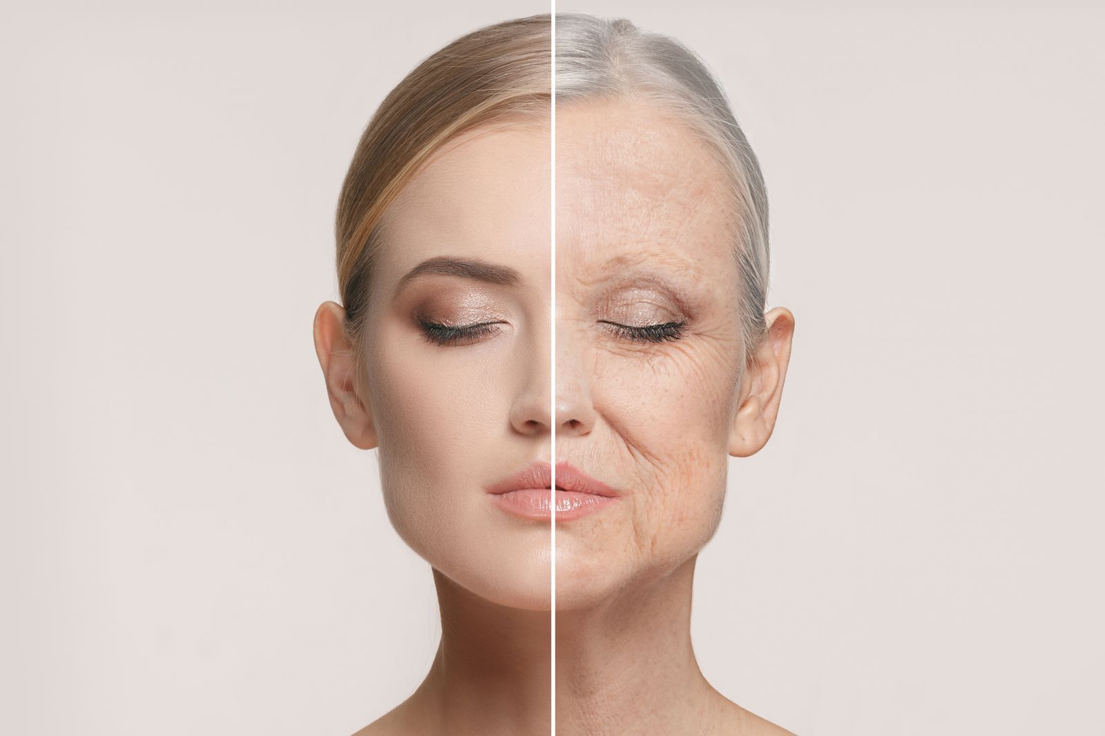 A before and after picture of a woman 's face.