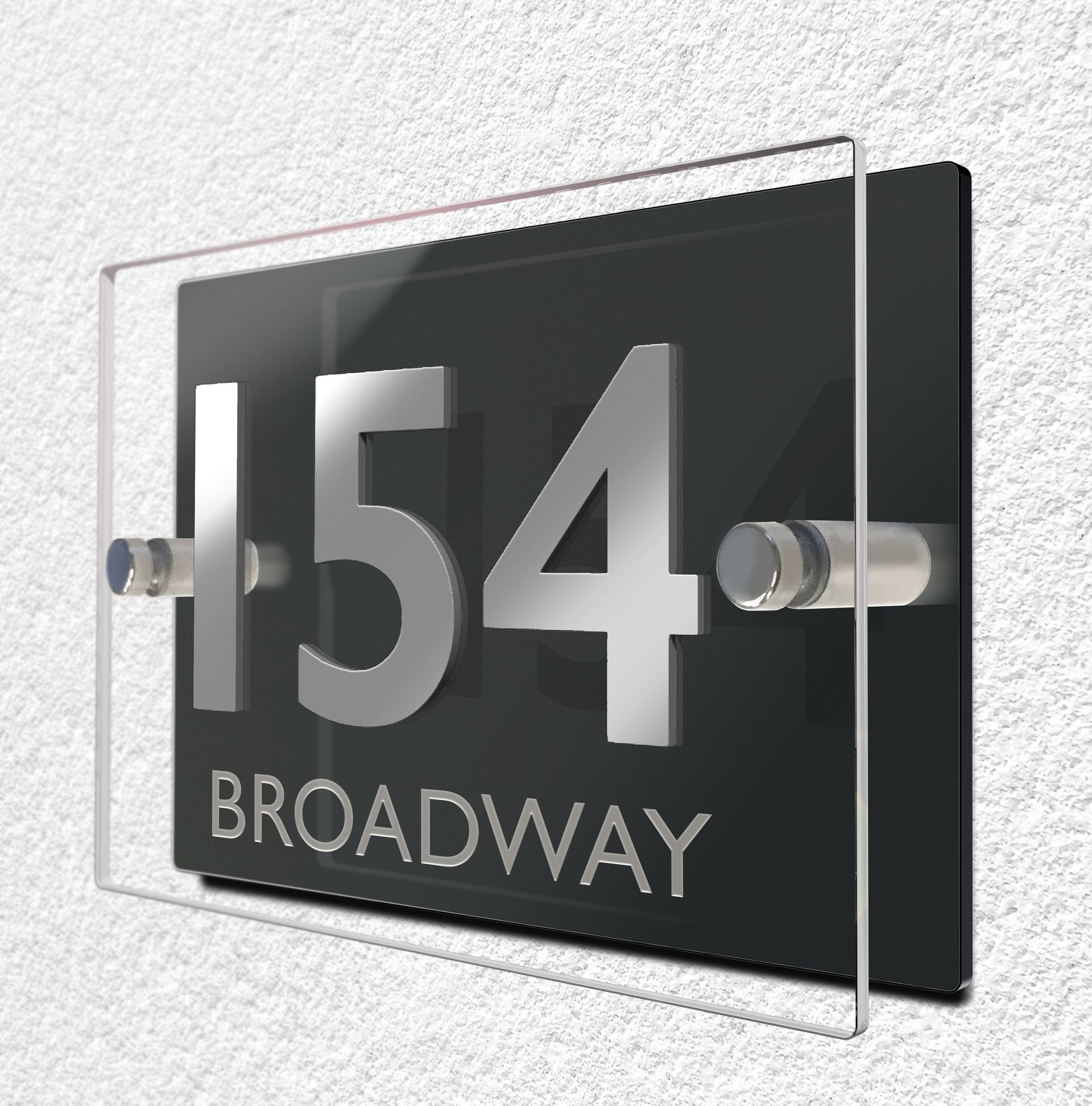 Claro Dual House Number & Street Name Sign. Installed using Stainless-Steel Stand-Off Fixings.