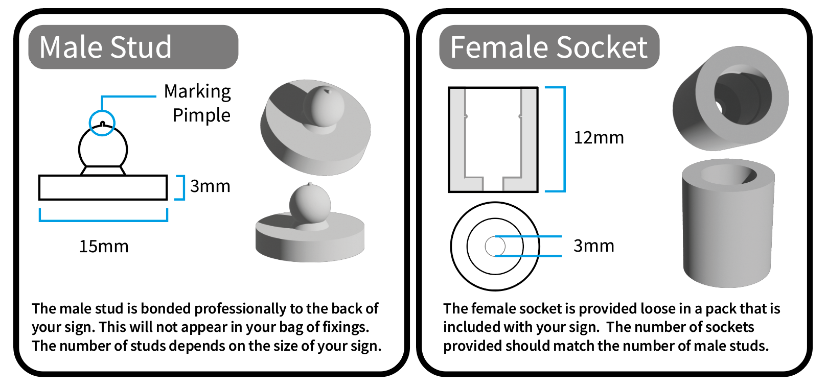 Diagrams of Snapfix sign locators for stand off sign wall mounting installation