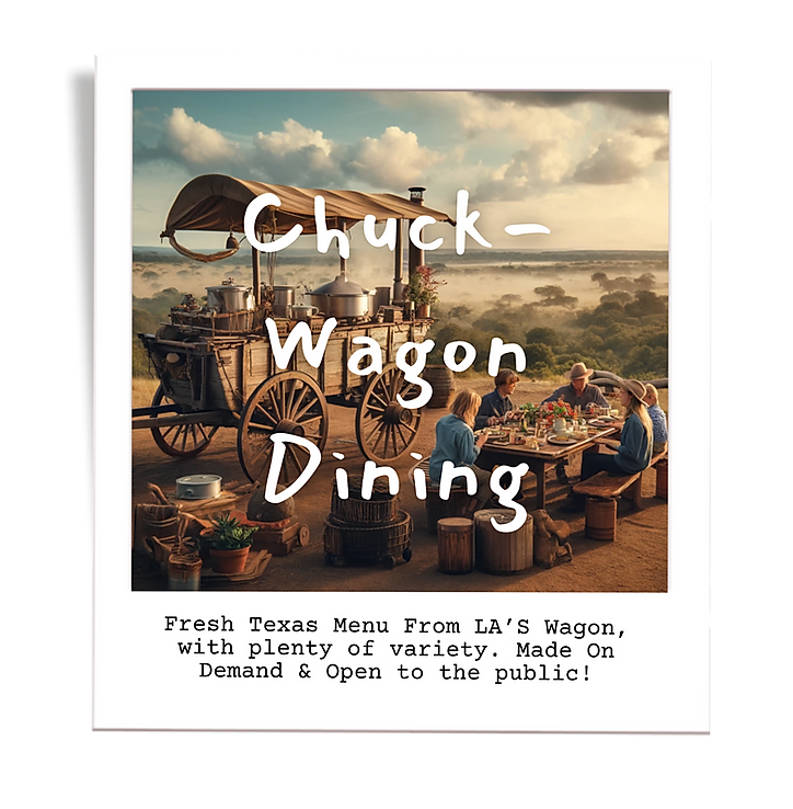 A poster for chuck wagon dining shows a group of people sitting around a table.