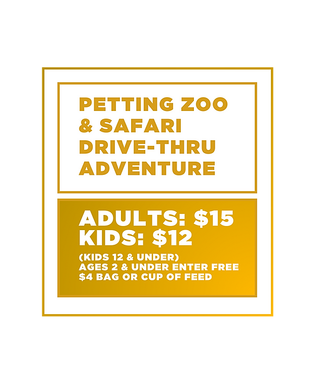 A sign for petting zoo and safari drive-thru adventure