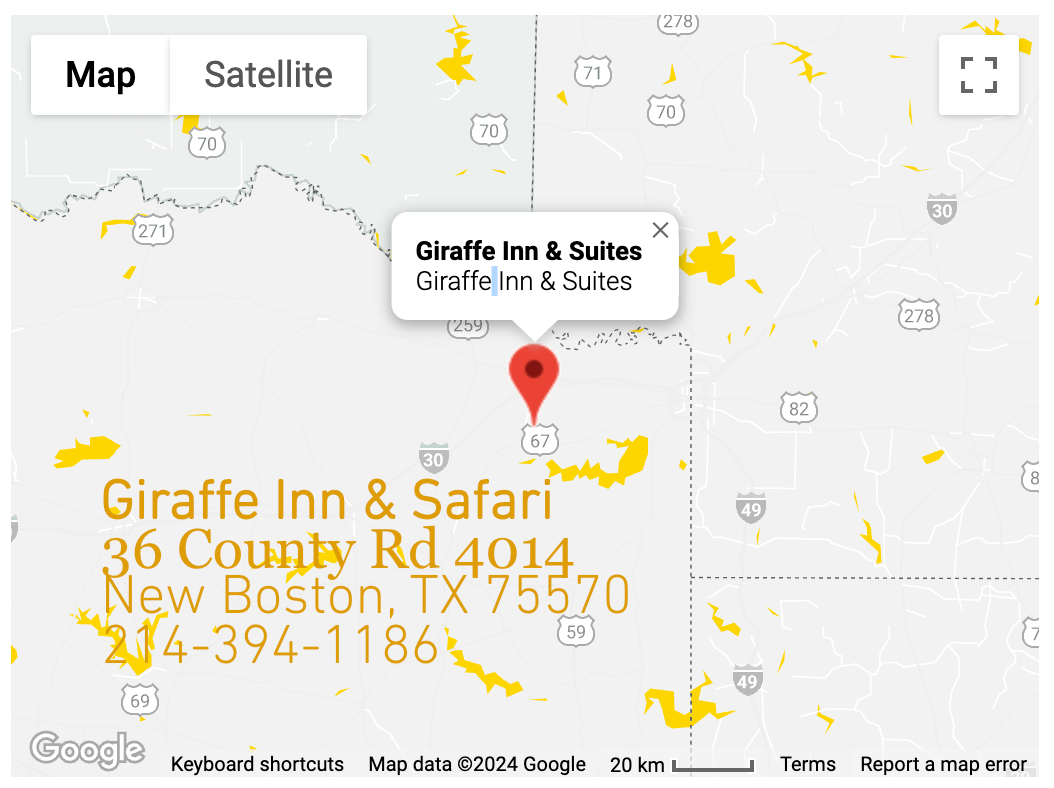 A google map shows the location of giraffe inn & safari