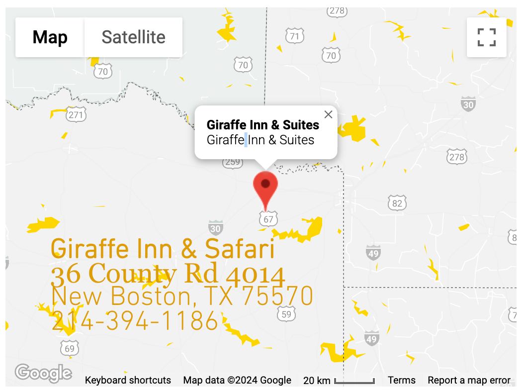 Safari Resort, Giraffe Resort | New Boston, TX | Giraffe Inn & Safari