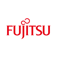 The fujitsu logo is red and white on a white background.
