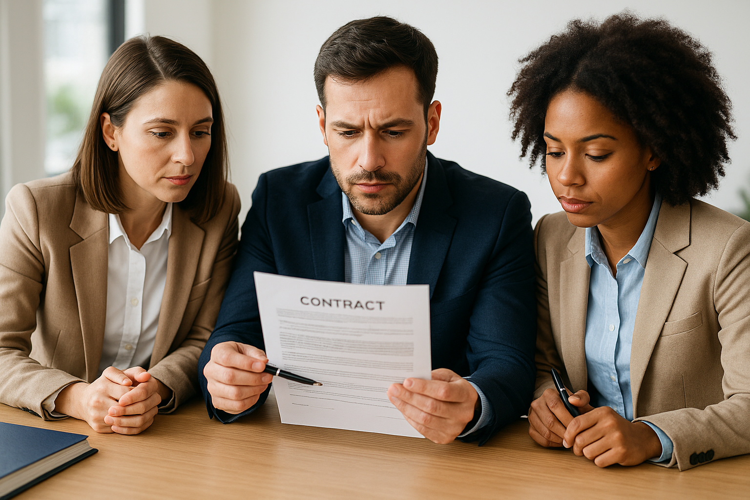 Un hombre y dos mujeres están sentados en una mesa mirando un contrato.
