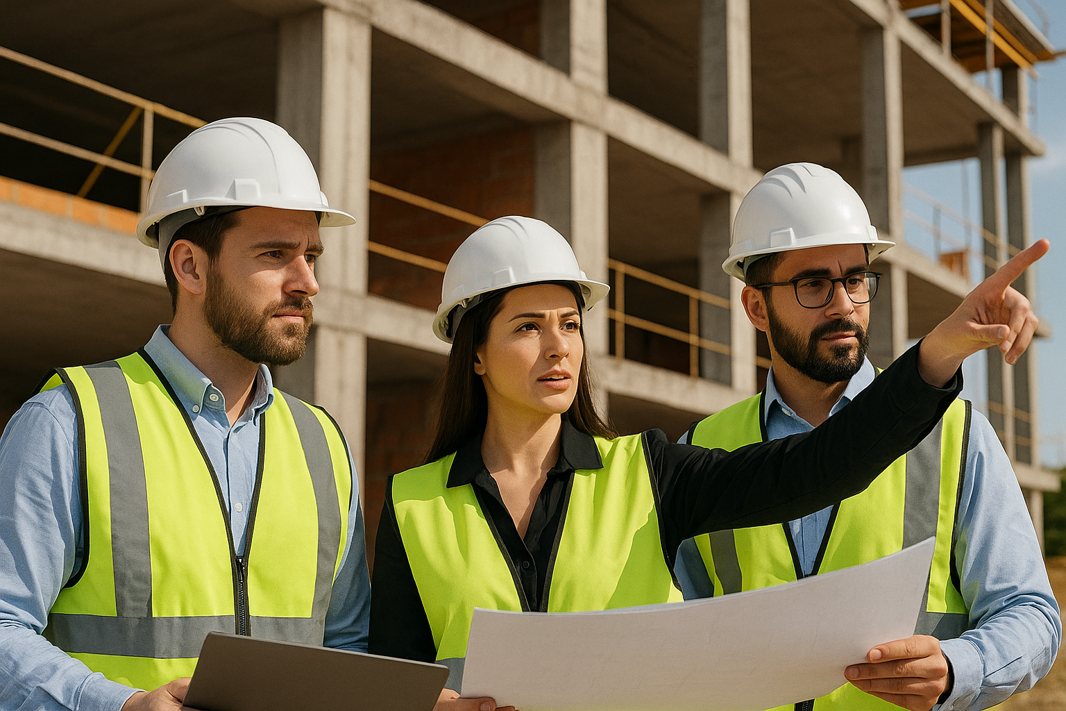 Un grupo de trabajadores de la construcción está mirando un plano en un sitio de construcción.