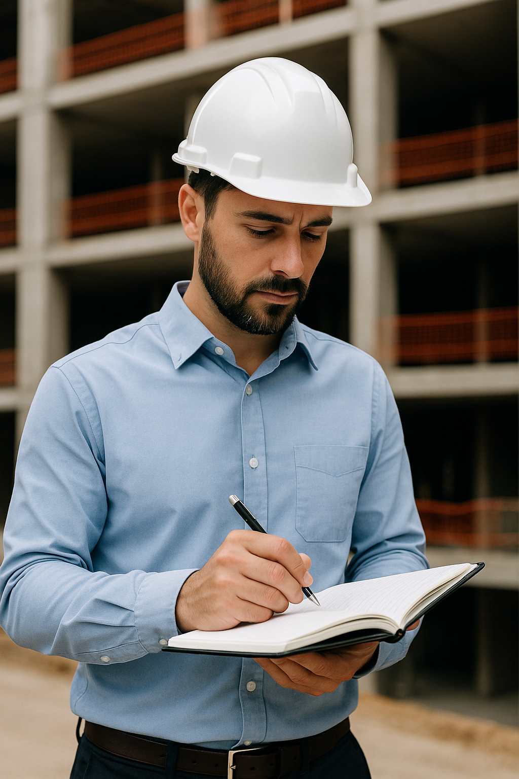 Un hombre que lleva un casco está escribiendo en un cuaderno.