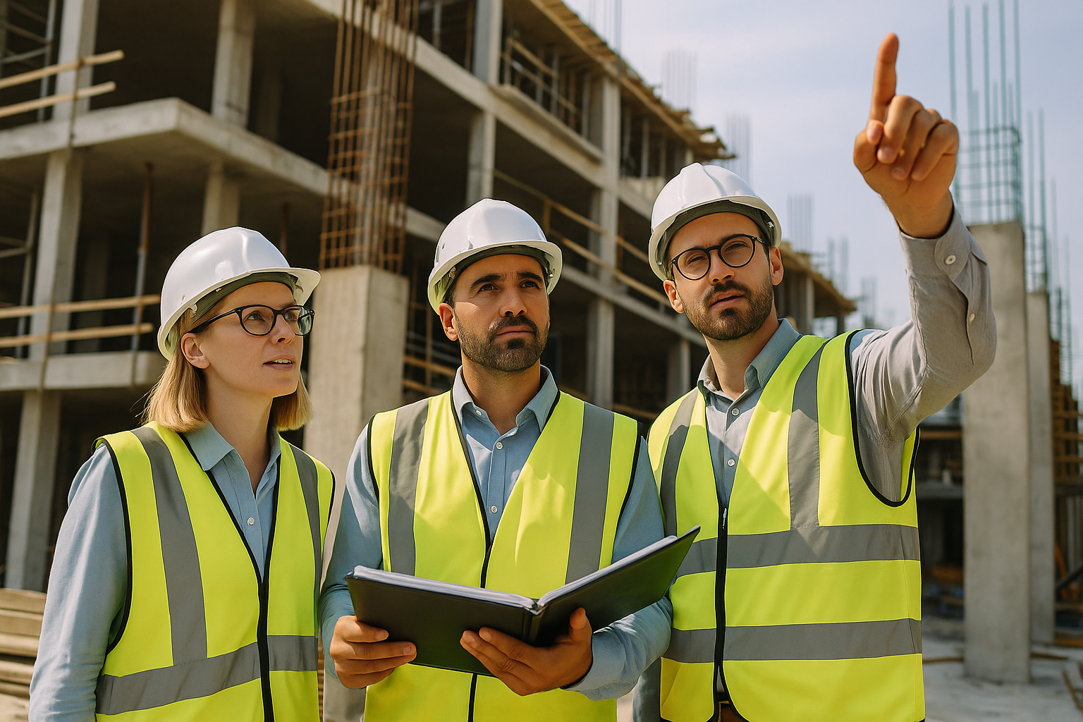 Un grupo de trabajadores de la construcción está parado frente a un edificio en construcción.