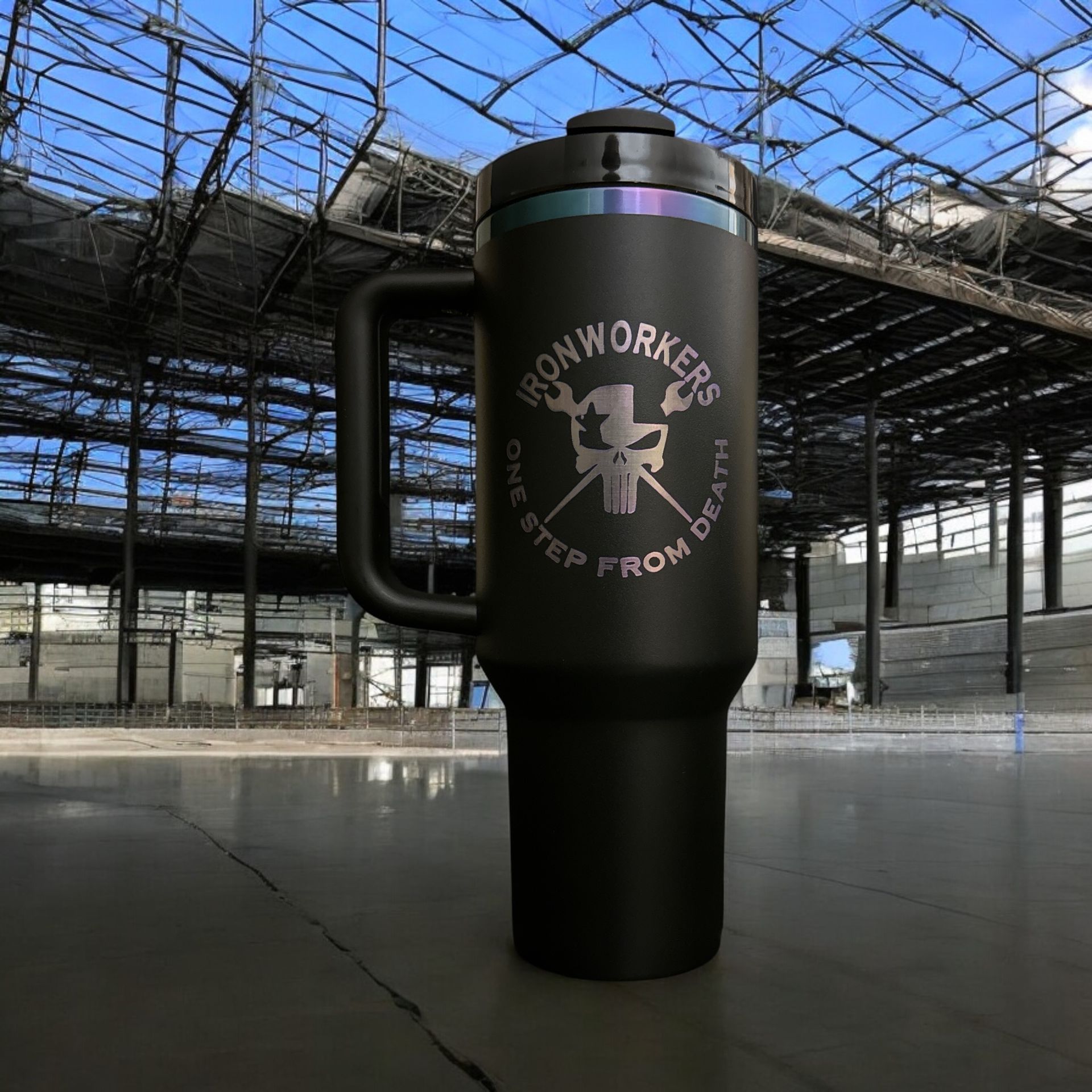 A black mug with the words iron workers on it