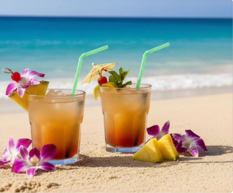 Two tropical drinks with straws and flowers on a sandy beach by the ocean