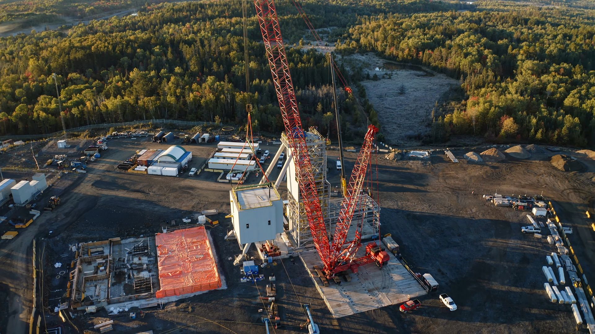 Lifting process of pre-assembled elements with giant cranes.