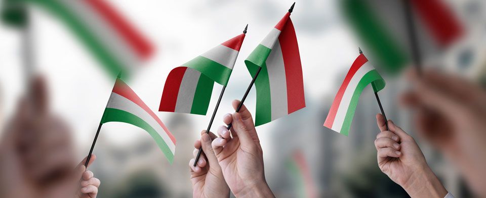Leute halten ungarische Flaggen