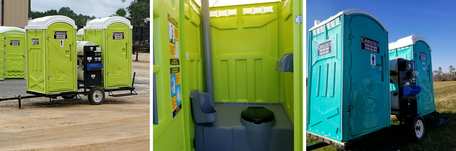 A set of portable toilets mounted on trailers, showing lime green units and a blue pair set in outdoor locations.