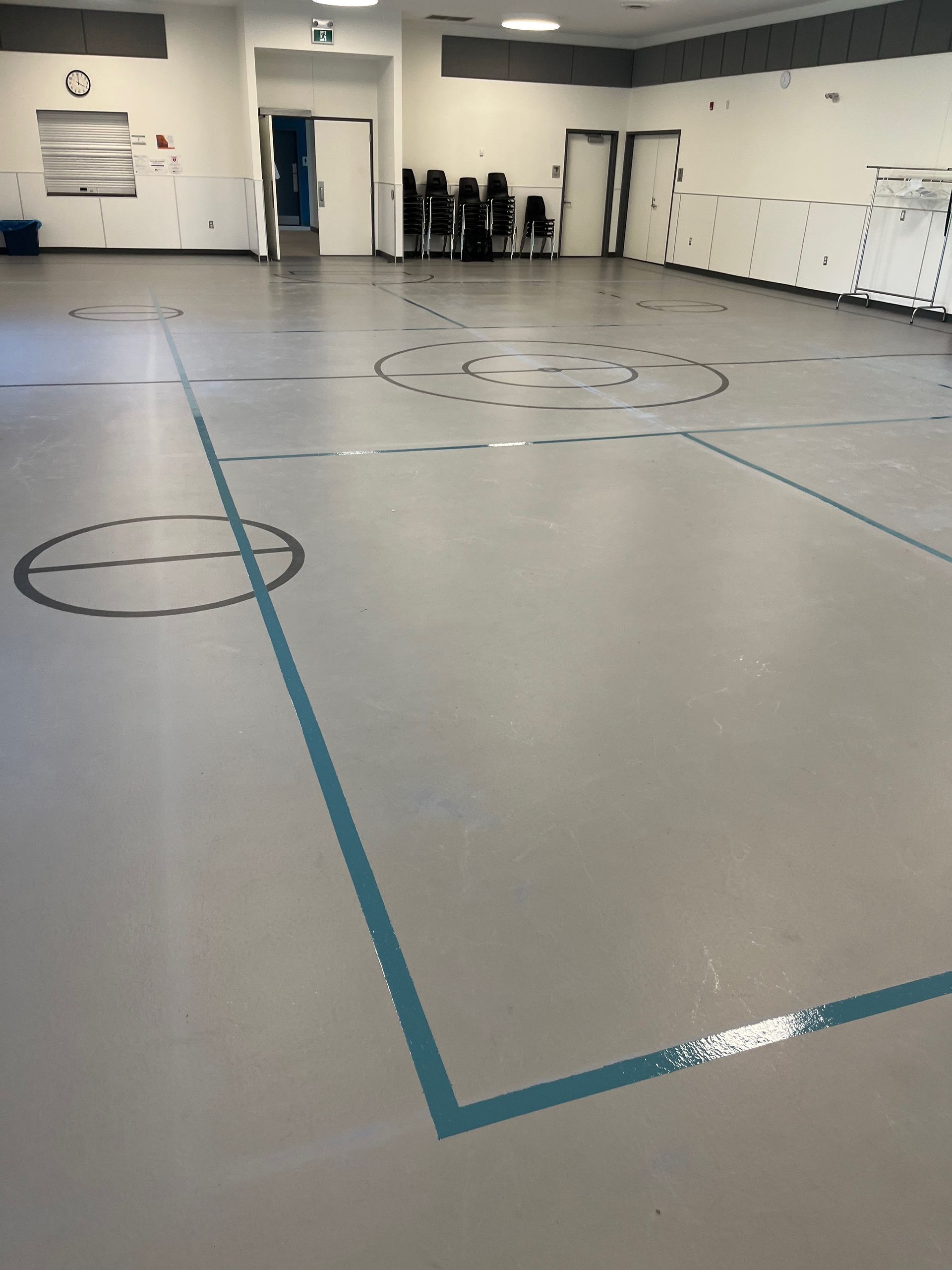 An empty gym with a blue line on the floor