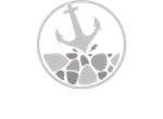 A black and white logo with an anchor and rocks in a circle.